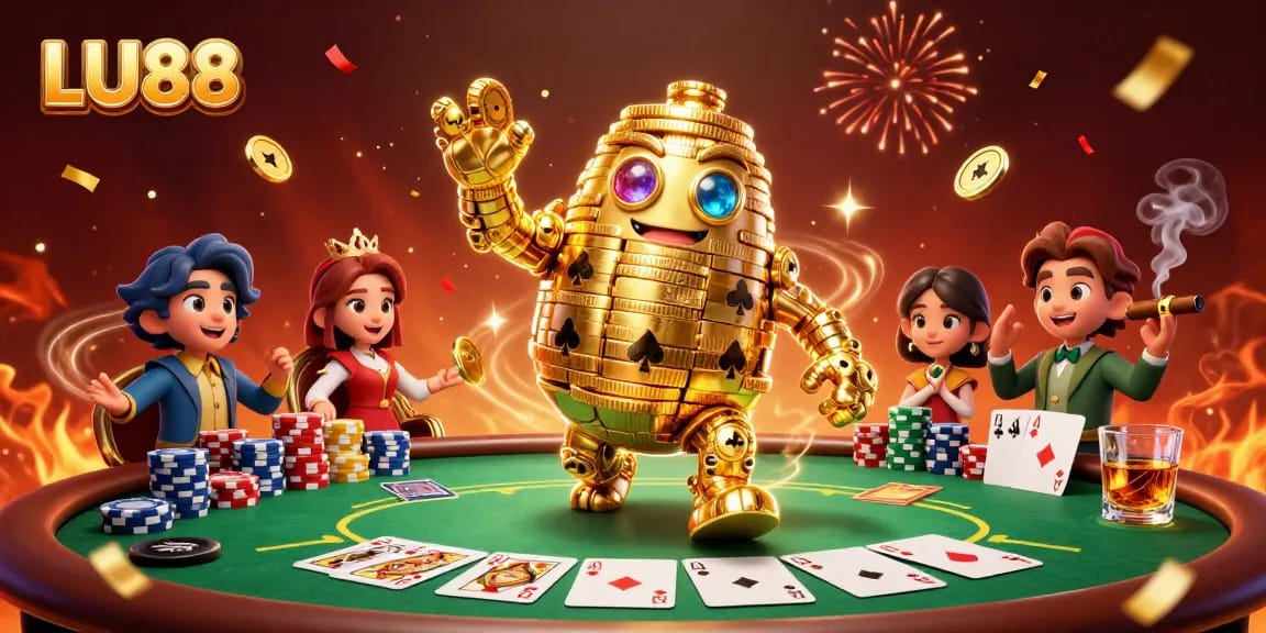 Engage in thrilling poker action with LU88 featuring a golden golem amidst vibrant casino elements.