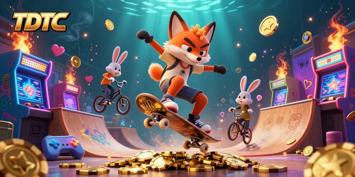 TDTC skateboarder fox flips over poker chips in a vibrant casino scene.