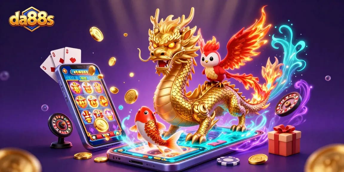 Experience thrilling winnings with da88s: a colorful illustration of a golden dragon, phoenix, and koi fish amidst casino games.