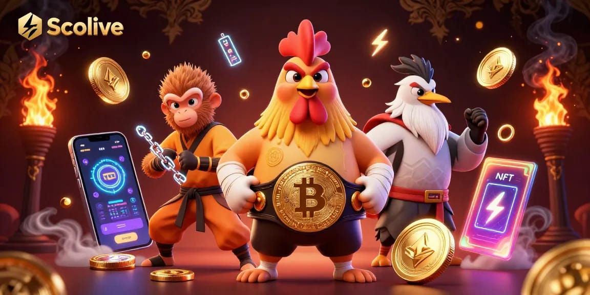 Socolive captures the excitement of sports betting with dynamic characters and vibrant crypto elements in action.