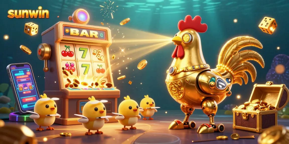 Experience thrilling gameplay with sunwin's golden rooster robot and dynamic jackpot scene.