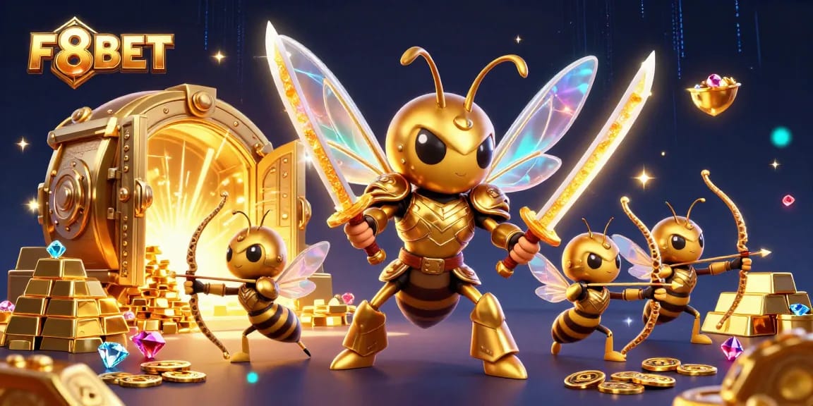 Win big with F8BET as a golden hornet samurai leads a treasure-filled casino adventure.