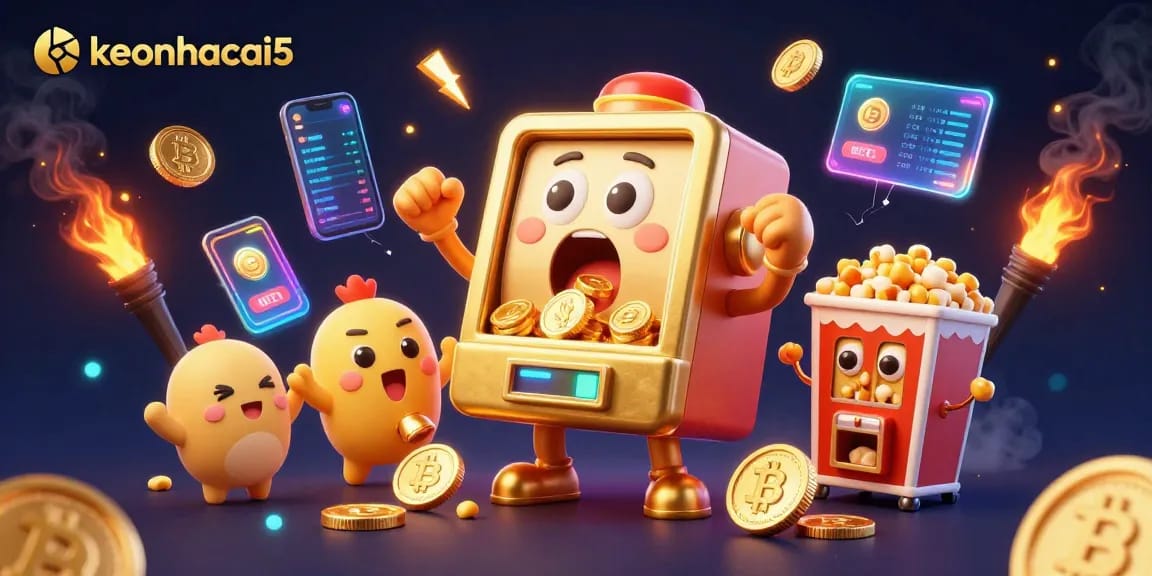 Celebrate wins at keonhacai5 with a 3D slot machine hitting a jackpot and coins bursting forth.