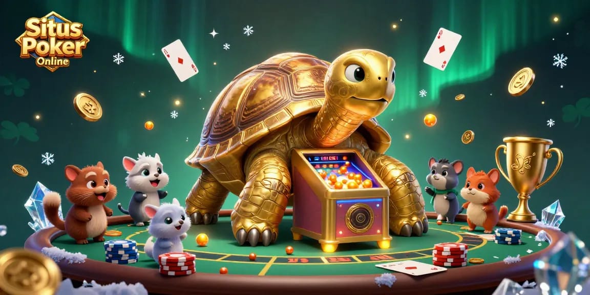 Situs Poker Online features a colossal golden tortoise and poker game elements, showcasing vibrant casino action.