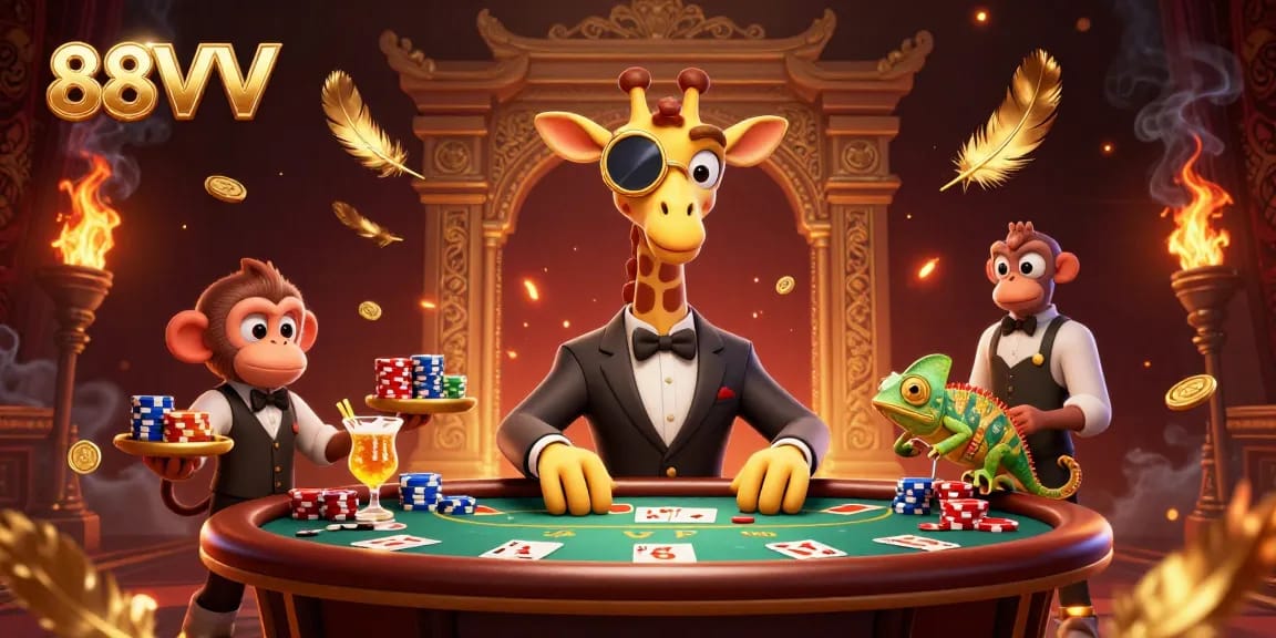 Engage with the strategic vibes of 88VV as you see a high-roller giraffe at a poker table.