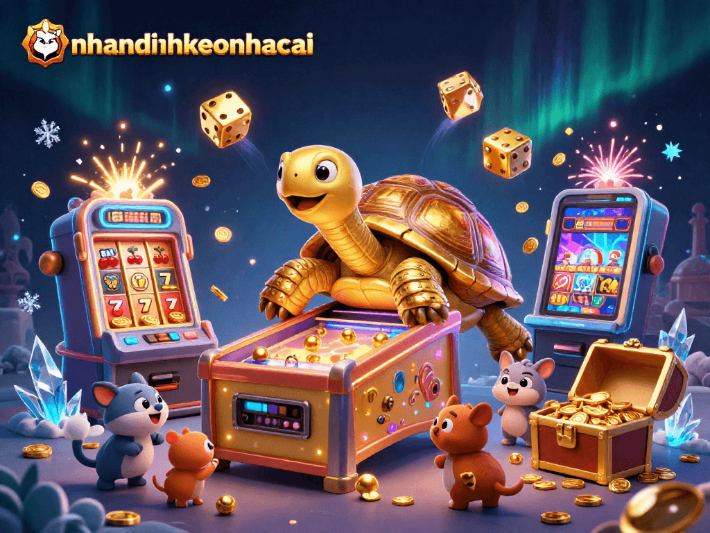 Experience vibrant nhandinhkeonhacai gaming action with lively slot machines, a golden tortoise, and animated casino excitement!