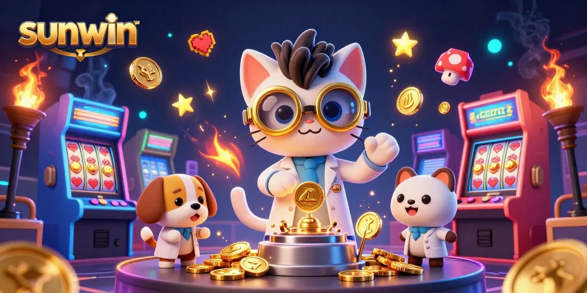 Win big at sunwin with an engaging 3D illustration of a casino and game elements.