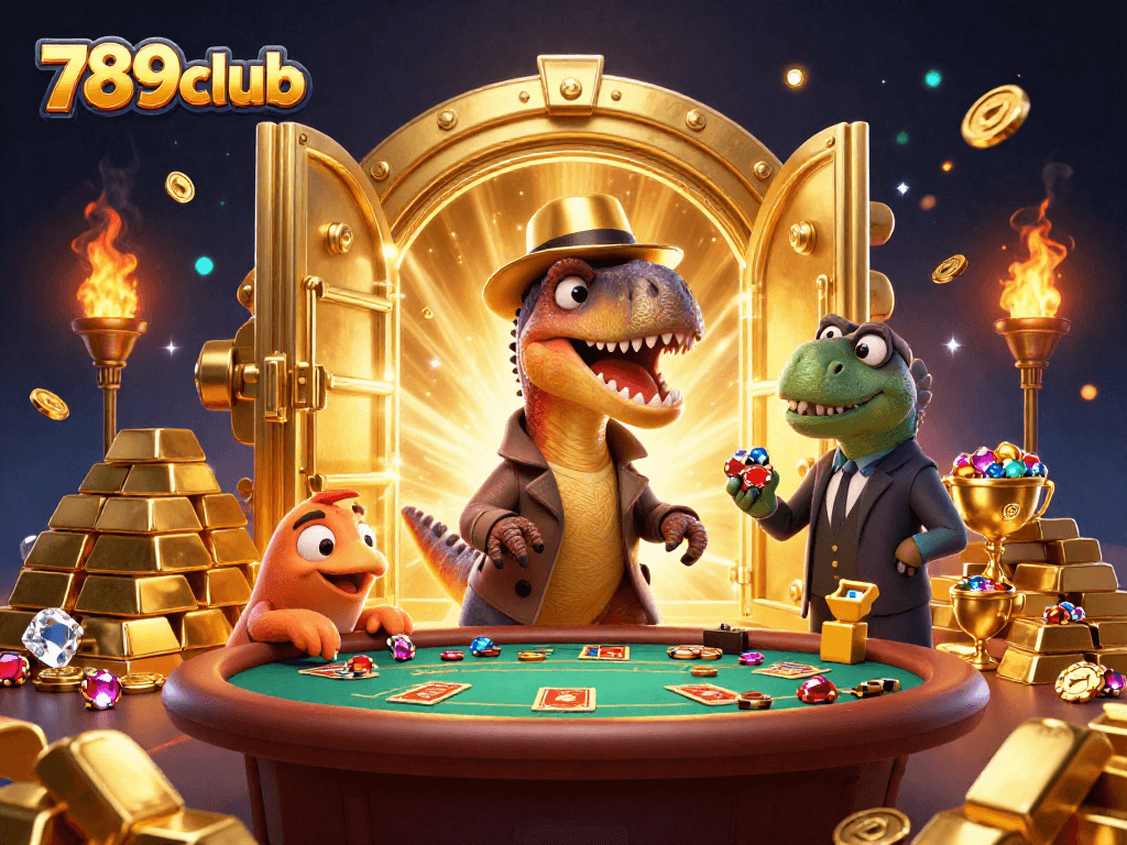 Explore thrilling blackjack at 789club with a cartoon velociraptor and a stegosaurus in a dynamic casino scene.