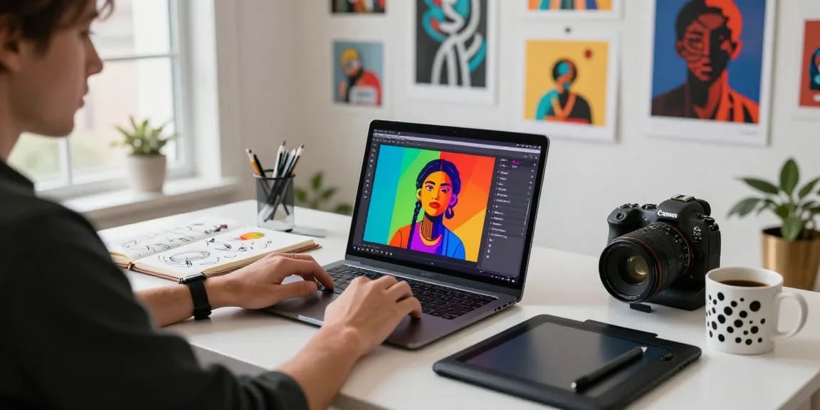 Digital content creator working on NSFW art in a bright urban workspace.