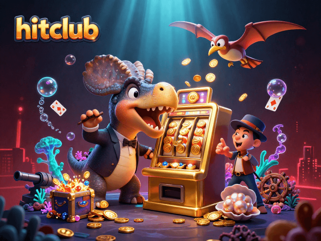 Hitclub players enjoying a jackpot as a pachycephalosaurus interacts with a golden slot, capturing coin excitement.