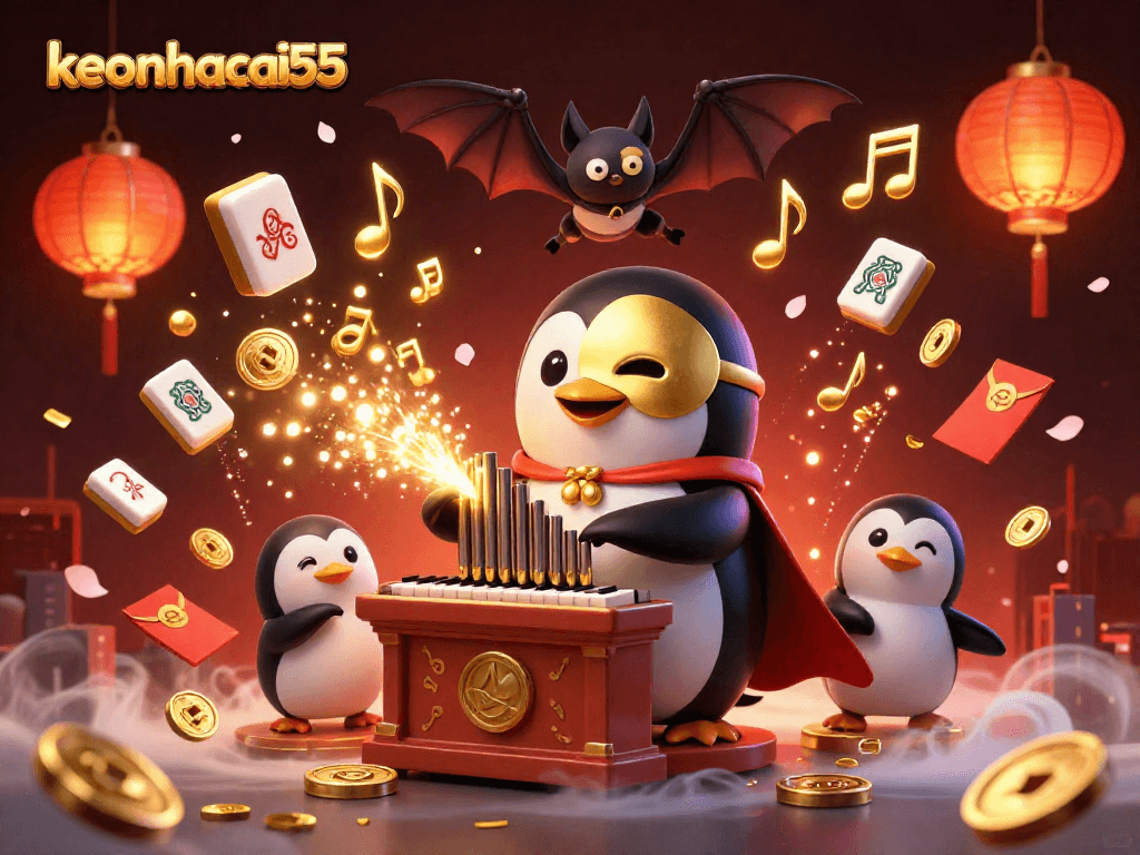 Experience keonhacai55 with a captivating illustration of a phantom penguin and acrobat amidst thrilling casino elements.