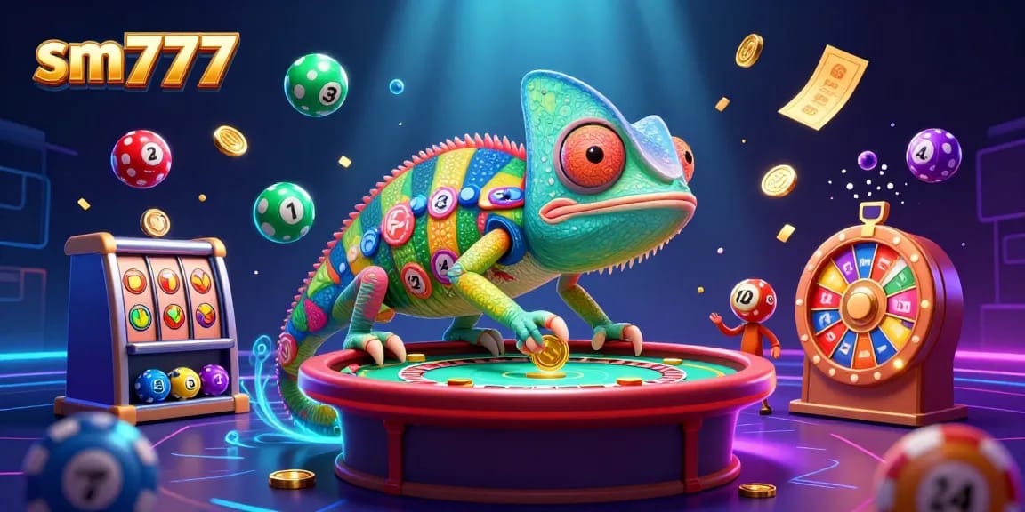 Experience the vibrant energy of sm777 with a chameleon casino owner, colorful game elements, and a rich gaming atmosphere.