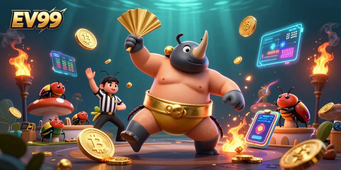 Experience the excitement of EV99 with a vibrant interactive casino theme that includes golden coins.