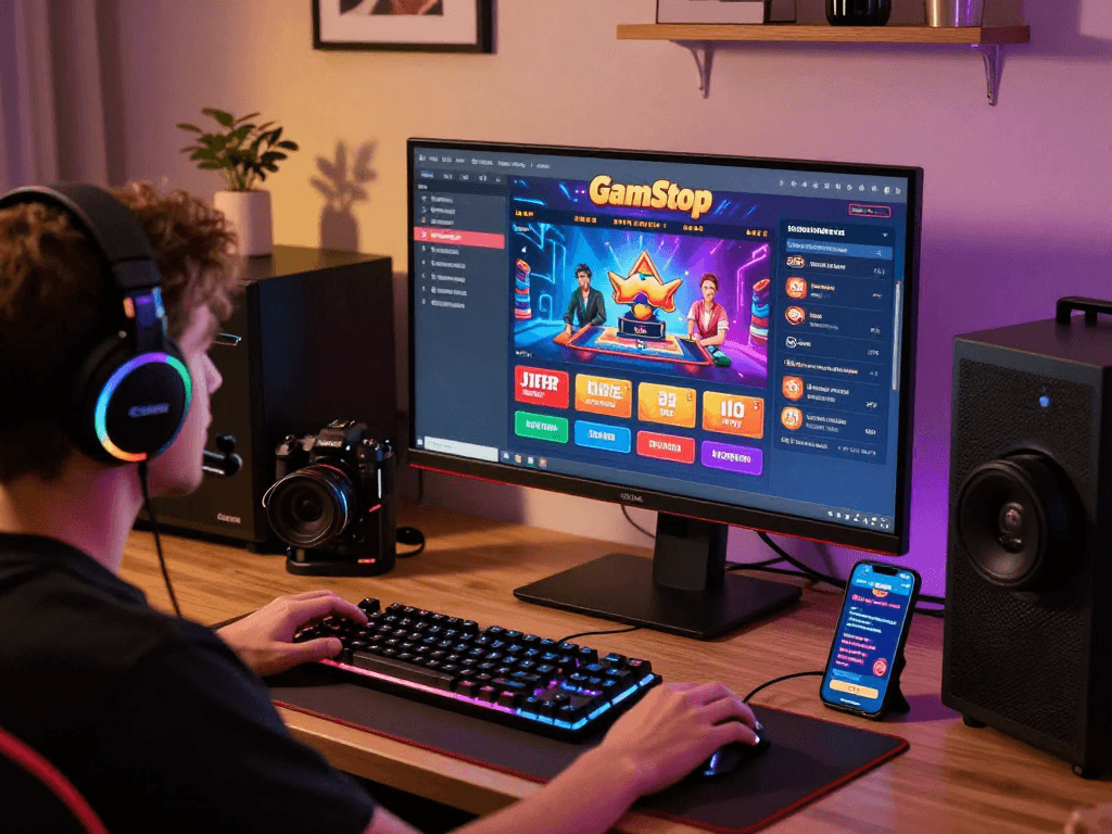 Engaged player exploring uk casinos not on gamstop at a modern gaming setup with vibrant LED lights.