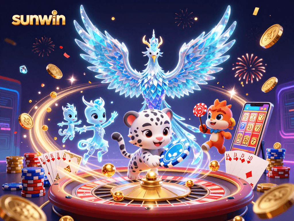 Experience thrilling wins with sunwin at an imaginative 3D casino scene featuring vibrant characters and game elements.