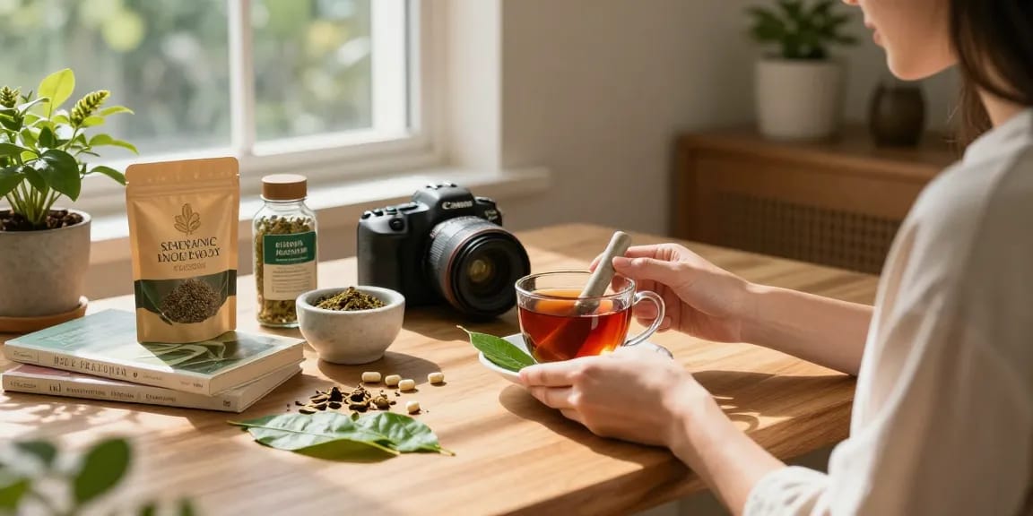 Happy Go Leafy's red bali kratom tea preparation in a cozy setting with fresh herbs.