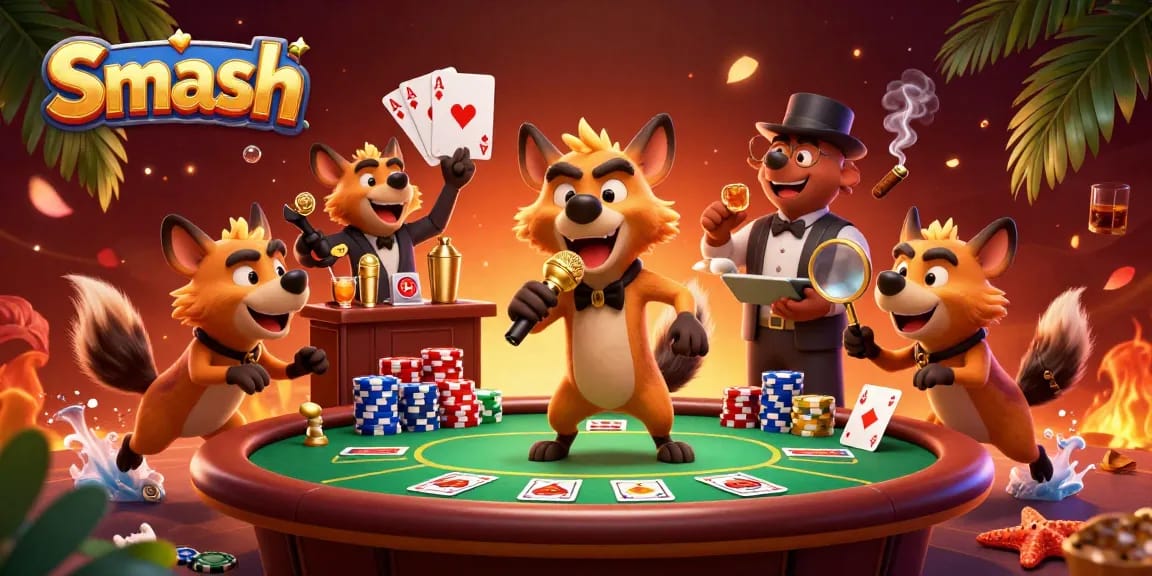 Smash your way through a vivid casino scene with hyena characters engaging in card games and cocktails.