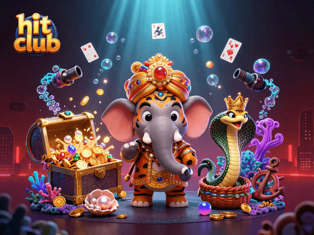Engage with hit club's vibrant gaming atmosphere featuring an elephant and a tiger in a dazzling casino.