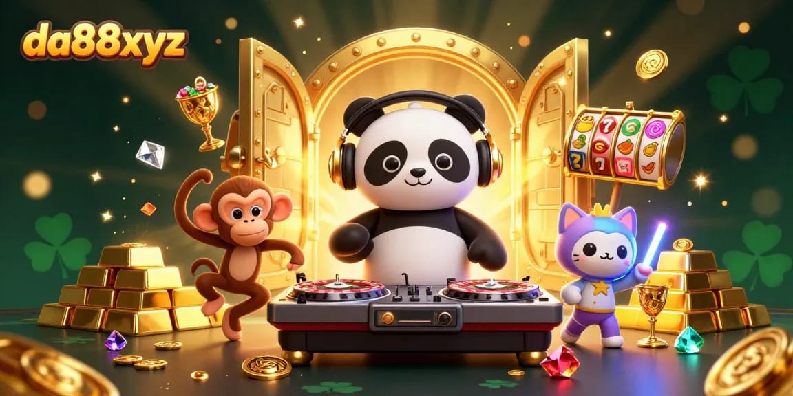 da88xyz captivates players with a vibrant 3D DJ panda spinning casino-themed turntables amidst gem-filled treasures.