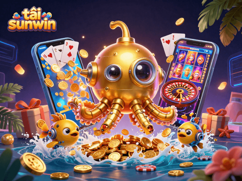 Engage in casino fun and excitement with tải sunwin, featuring a vibrant 3D kraken submarine amidst gold coins.