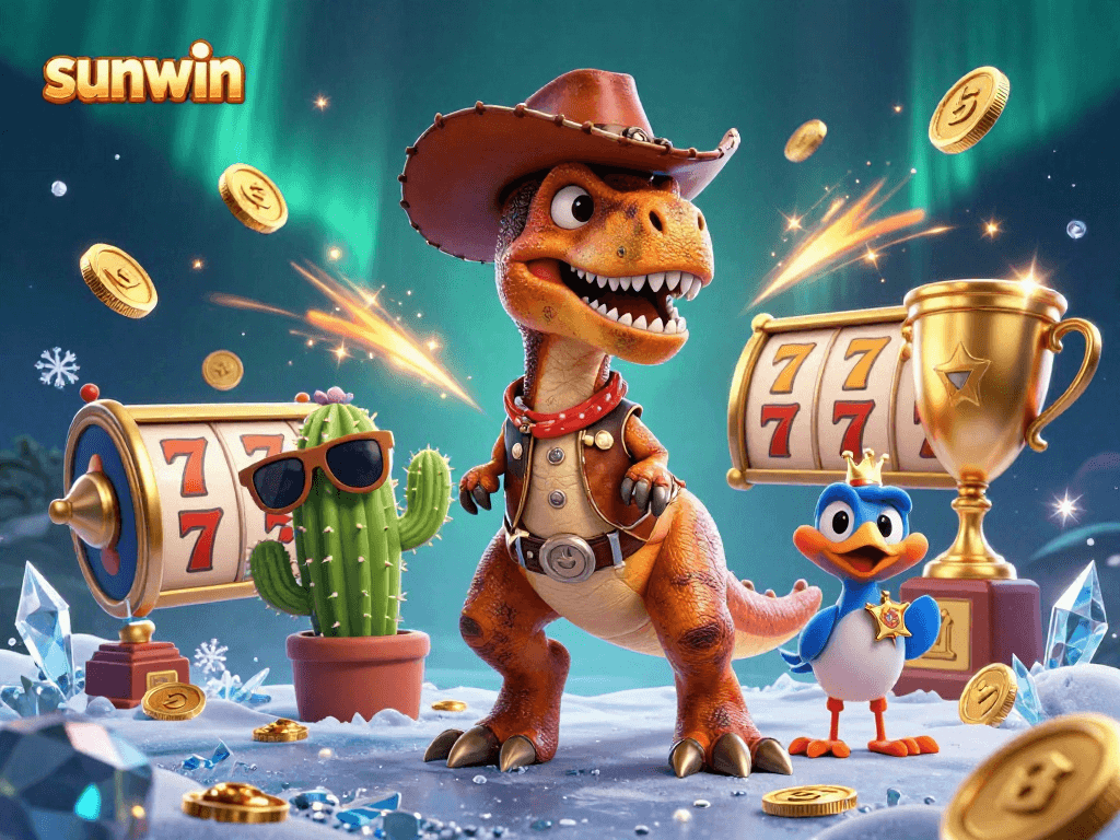 Win big on sunwin with this vibrant 3D illustration featuring a cowboy dinosaur, cactus, and roadrunner engaging in slots excitement.