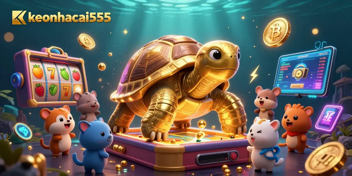 Join the fun with keonhacai555 as the golden tortoise hosts an exciting slot game!