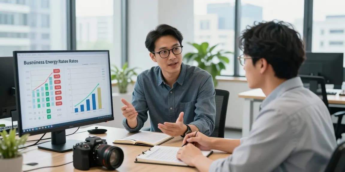 Business energy comparison uk 2026 consultation scene with an advisor explaining savings to a client.