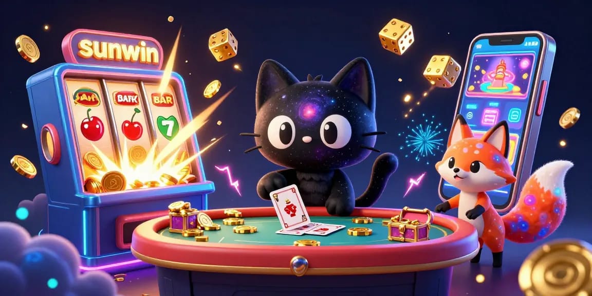 Experience the cosmic allure of sunwin with a vibrant 3D scene featuring a cartoon black hole cat and galactic elements.