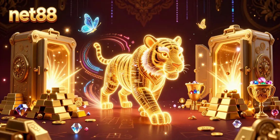 Play vibrant games at net88 with exciting graphics and shimmering treasures in a digital casino landscape.