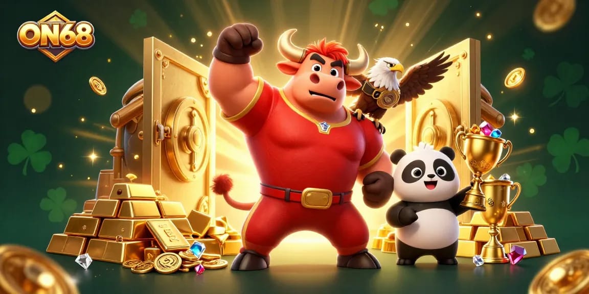 Experience ON68's thrilling casino adventures with vibrant characters and dynamic gold treasures.