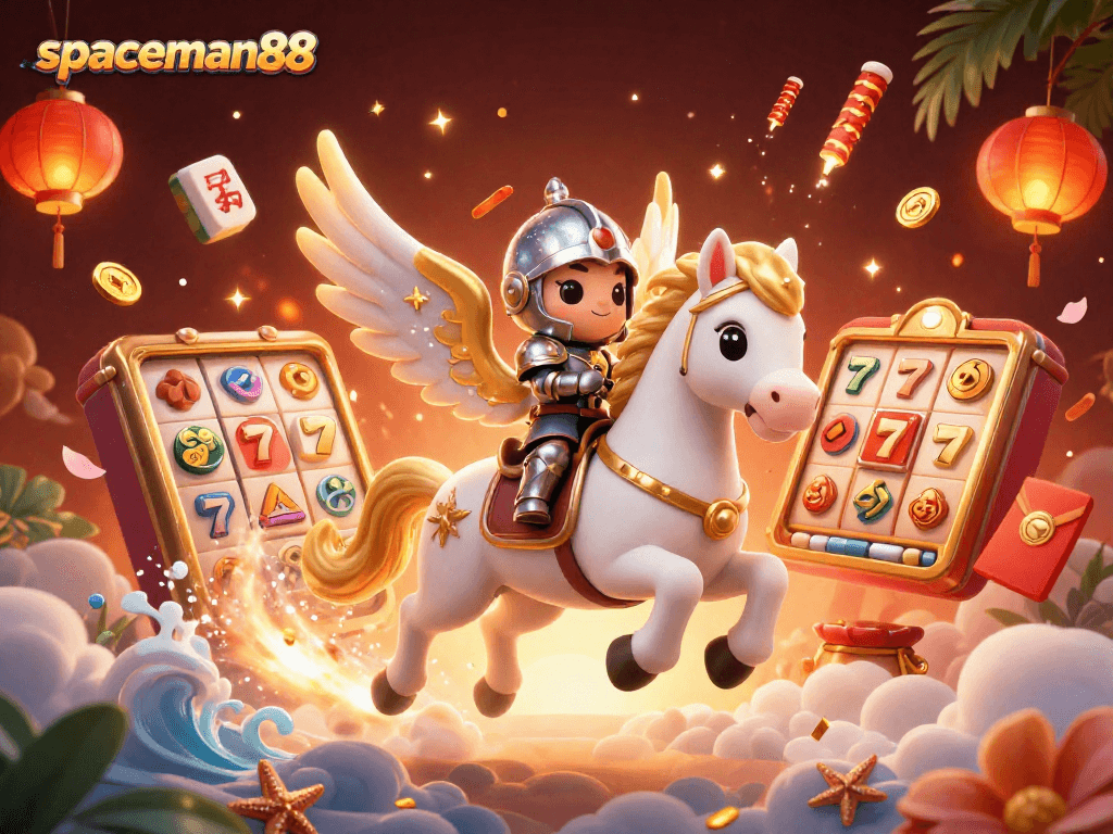 Play engaging games at spaceman88, experiencing vibrant slot reels and cosmic elements in a galaxy-themed illustration.