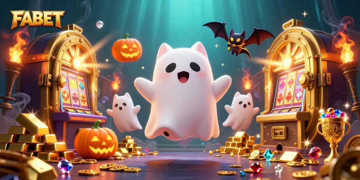 Experience FABET and its vibrant casino atmosphere with a ghost cat and bat amidst illuminating treasures.