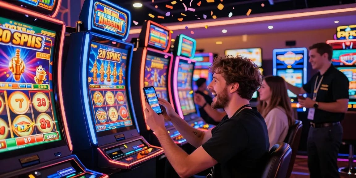 Excited player celebrating 20 free spins on registration uk in a vibrant casino setting with colorful slot machines.