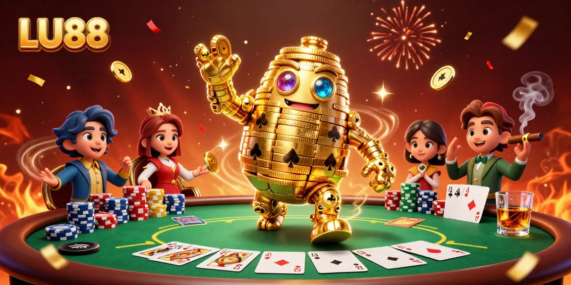Engage in thrilling poker action with LU88 featuring a golden golem amidst vibrant casino elements.