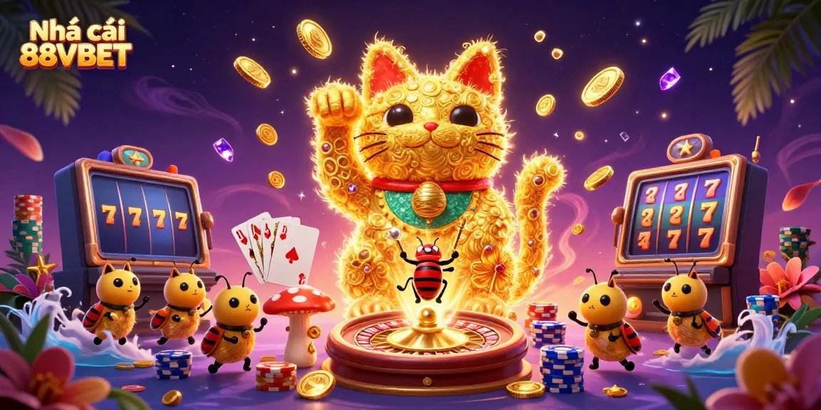 Engage with Nhà cái 88VBET through a vibrant 3D illustration showcasing casino excitement and golden rewards.
