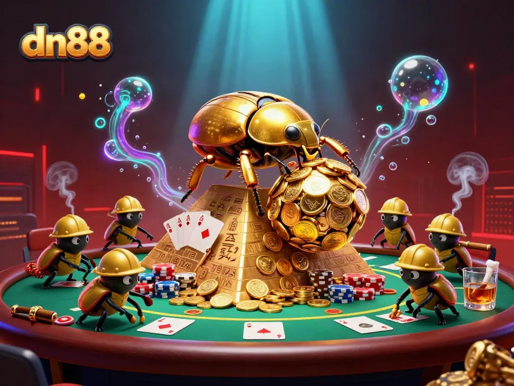 Bet on dn88 with a golden dung beetle themed 3D casino illustration showcasing energetic gambling game elements.