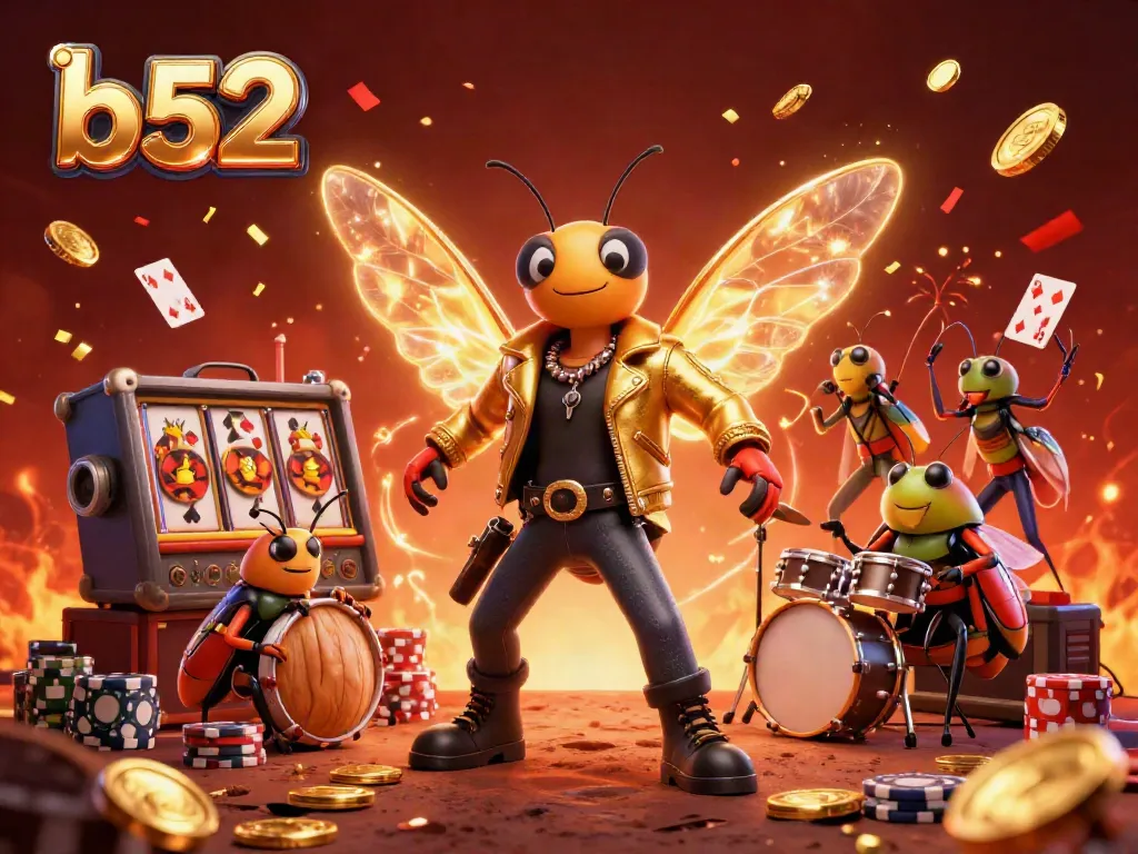 Experience thrilling gameplay at b52, with a vibrant casino scene featuring a rock star cicada and animated game elements.