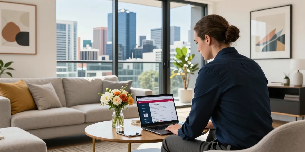 Airbnb management company Melbourne showcasing a stylish apartment with a property manager reviewing listings in a modern city setting.