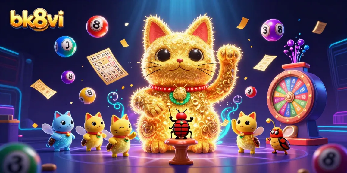 Experience thrilling games at bk8vi with a vibrant scene of casino elements and a lucky cat.