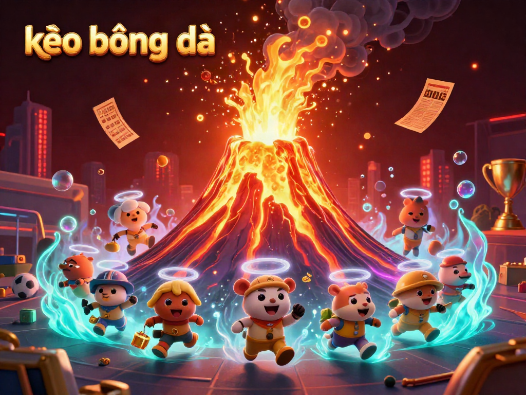 Experience thrilling kèo bóng đá action with a 3D illustration showcasing a triumphant golden volcano and explorer animals amid flying sports elements.