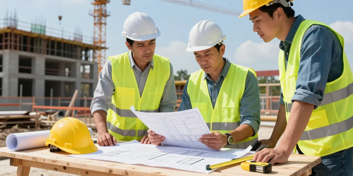 Quantity surveyor for builders consulting on construction projects with blueprints and a tablet.