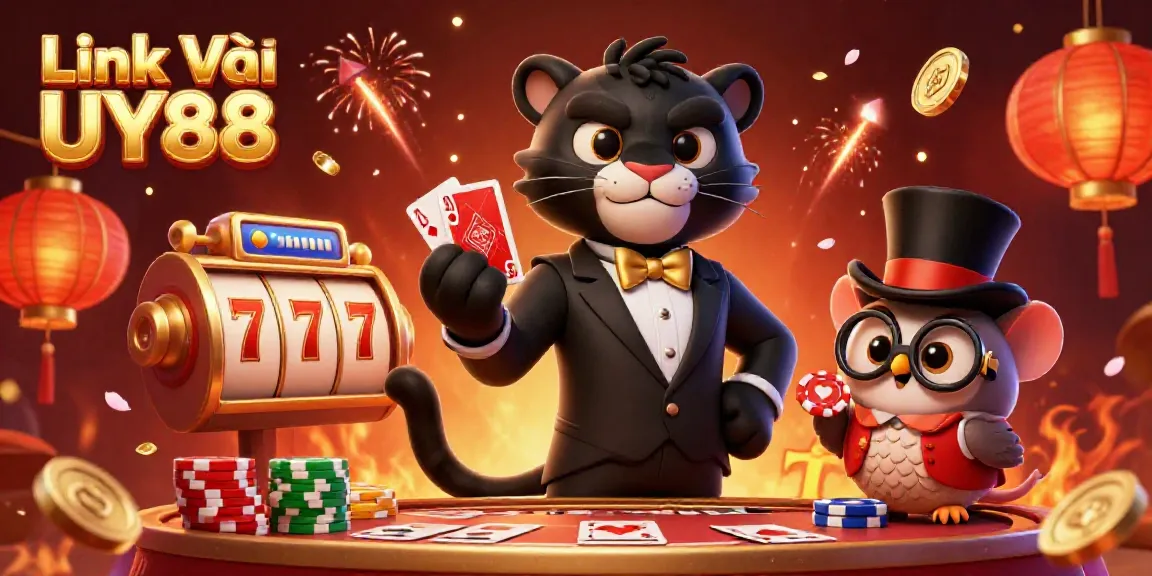 Engage in thrilling gameplay with Link Vào UY88 as a stylish panther deals cards amidst vibrant casino symbols.