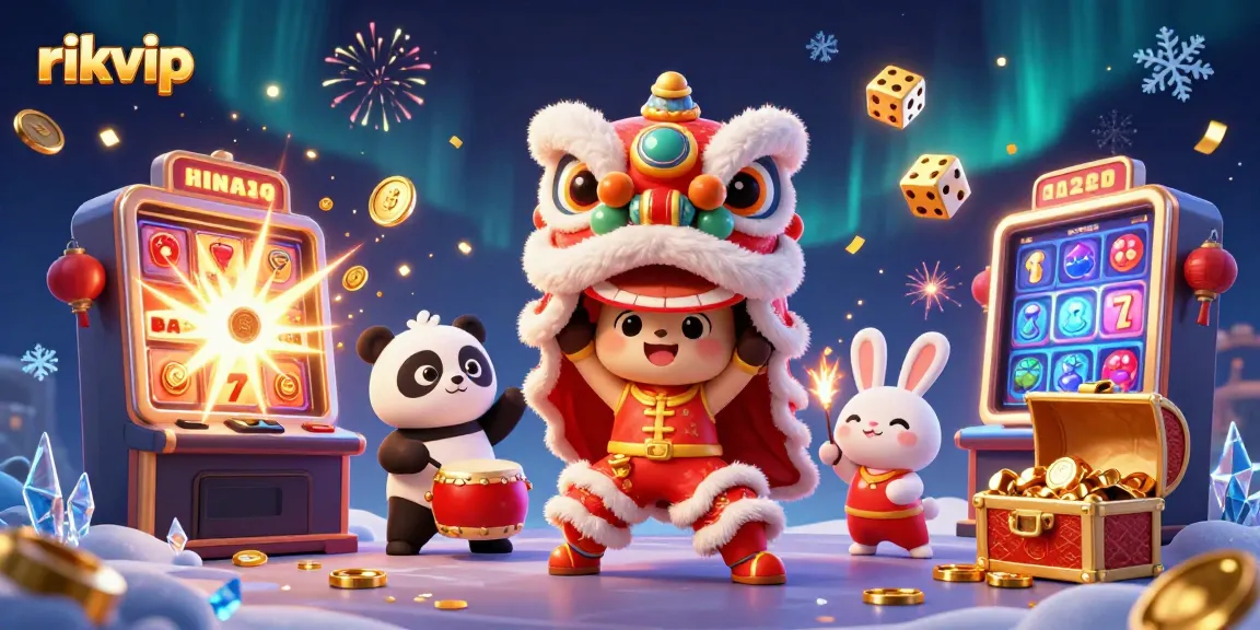 Join the excitement at rikvip with a vibrant 3D illustration of a casino jackpot celebration, featuring lucky symbols and festive characters.