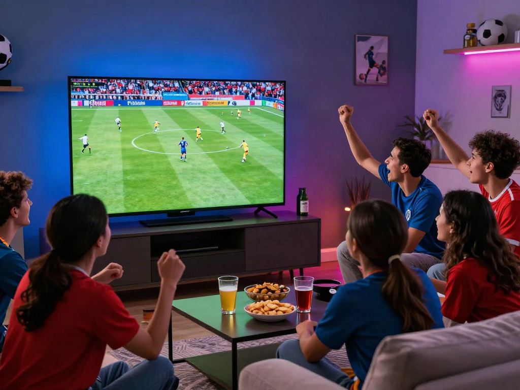 Socolive fans celebrating in a lively home setting while watching soccer.