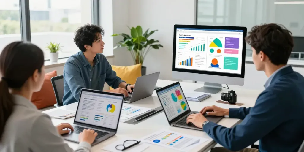 SaaS sponsored content team collaborating in a modern office.