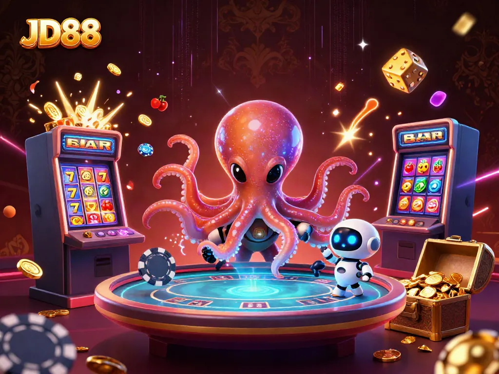 Engaging JD88 casino scene featuring an alien octopus at a poker table with jackpots exploding.