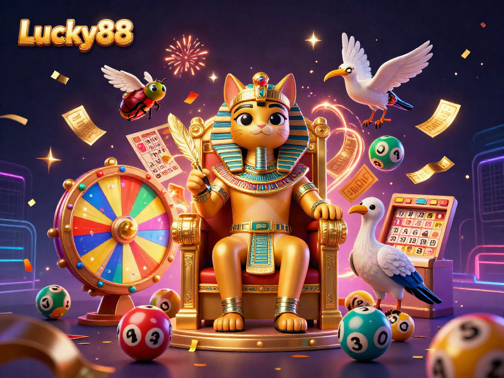Play exciting Lucky88 games surrounded by vibrant lottery elements and festive decorations.