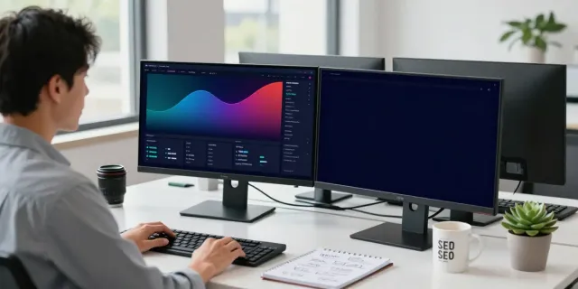 SEO specialist analyzing instant indexing metrics in a modern office
