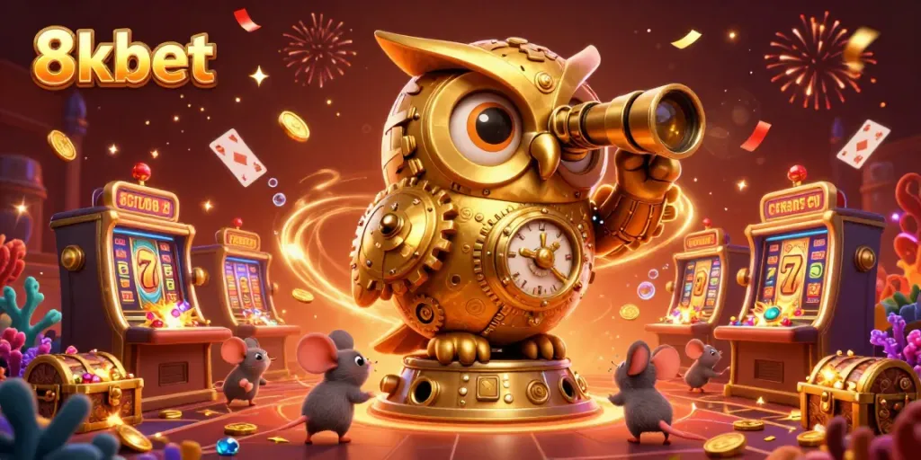Engage in thrilling gambling action with 8xbet as a clockwork owl surveys a vibrant casino scene filled with colorful treasures.