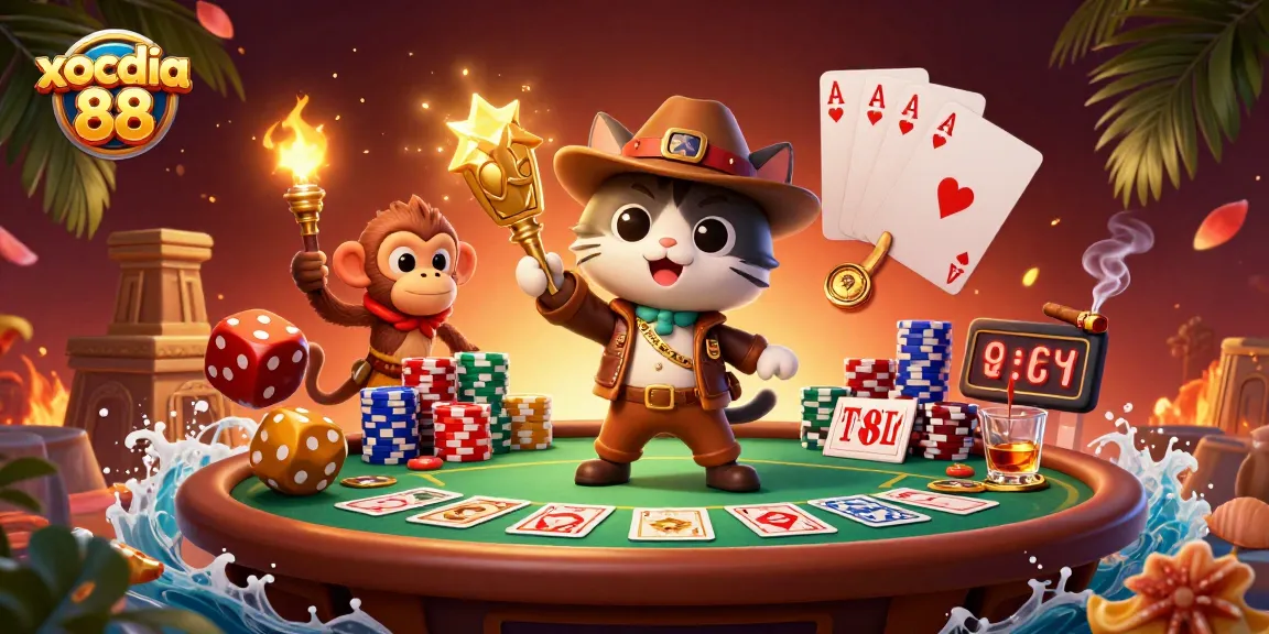 Xocdia 88 showcases a thrilling moment of a cat explorer and monkey companion finding a golden casino artifact.